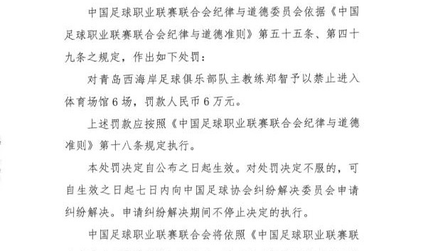 开云体育官网-中超青岛西海岸队主教练郑智遭禁赛6场